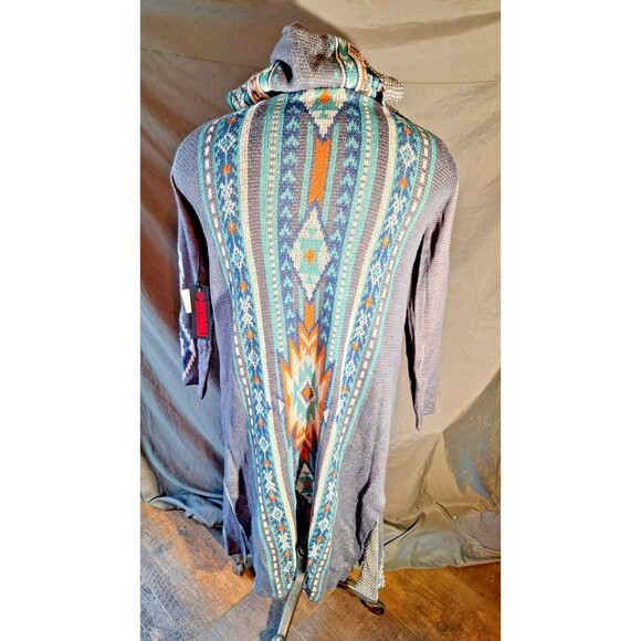 Aztec Southwestern Festival Bohemian Boho‎ Long Open Duster Cardigan Hood Fringe - Picture 3 of 8
